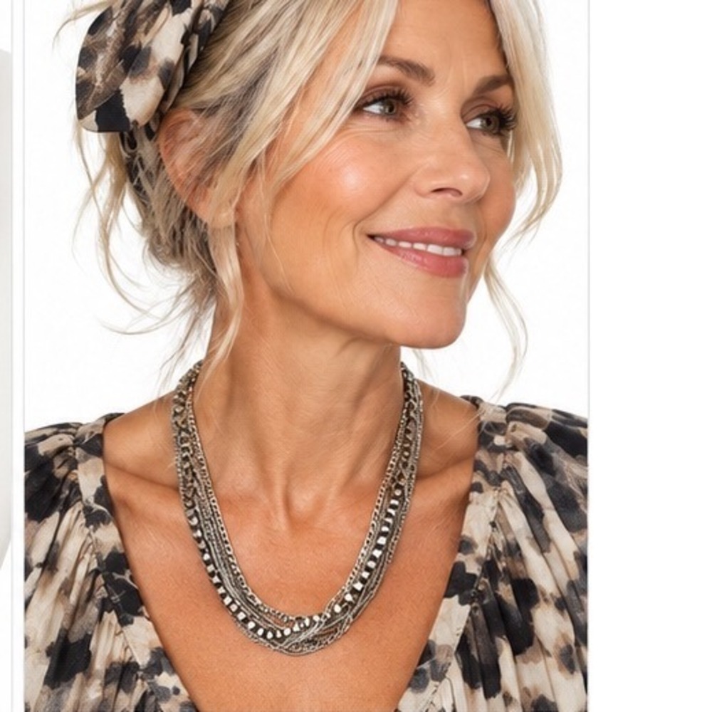 Stella & Dot Multi Strand Layered Chain Necklace Silver Tone Box Snake Curb